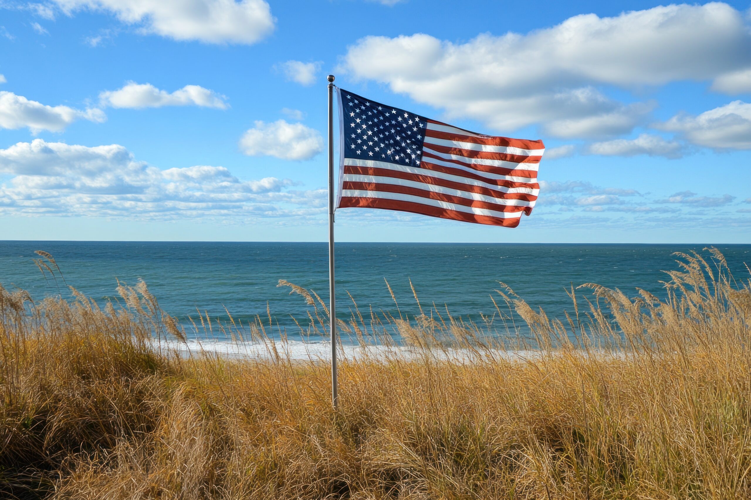 wind blowing American flag by Lake Michigan in Grand Haven, sunny autumn day grand haven flag