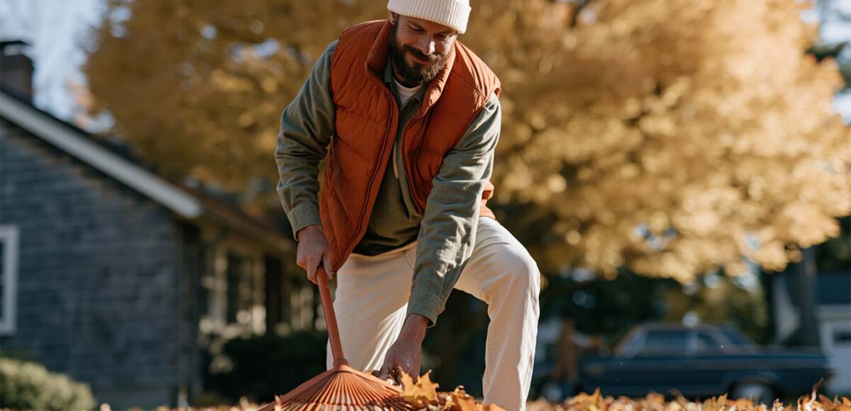 man raking leaves