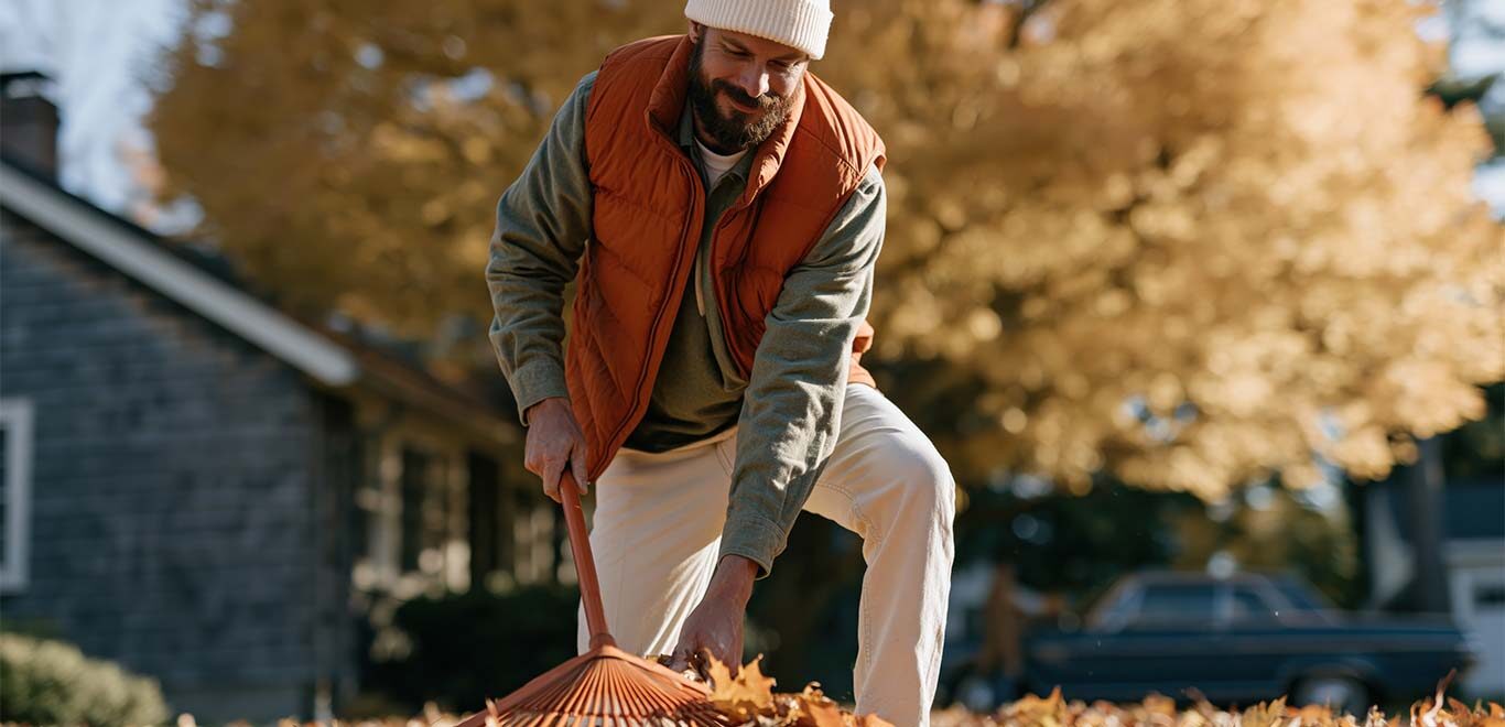 man raking leaves